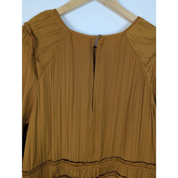 Maeve Anthropologie Saniya Pleated Long Sleeve Mini Dress in Gold - Picture 11 of 11